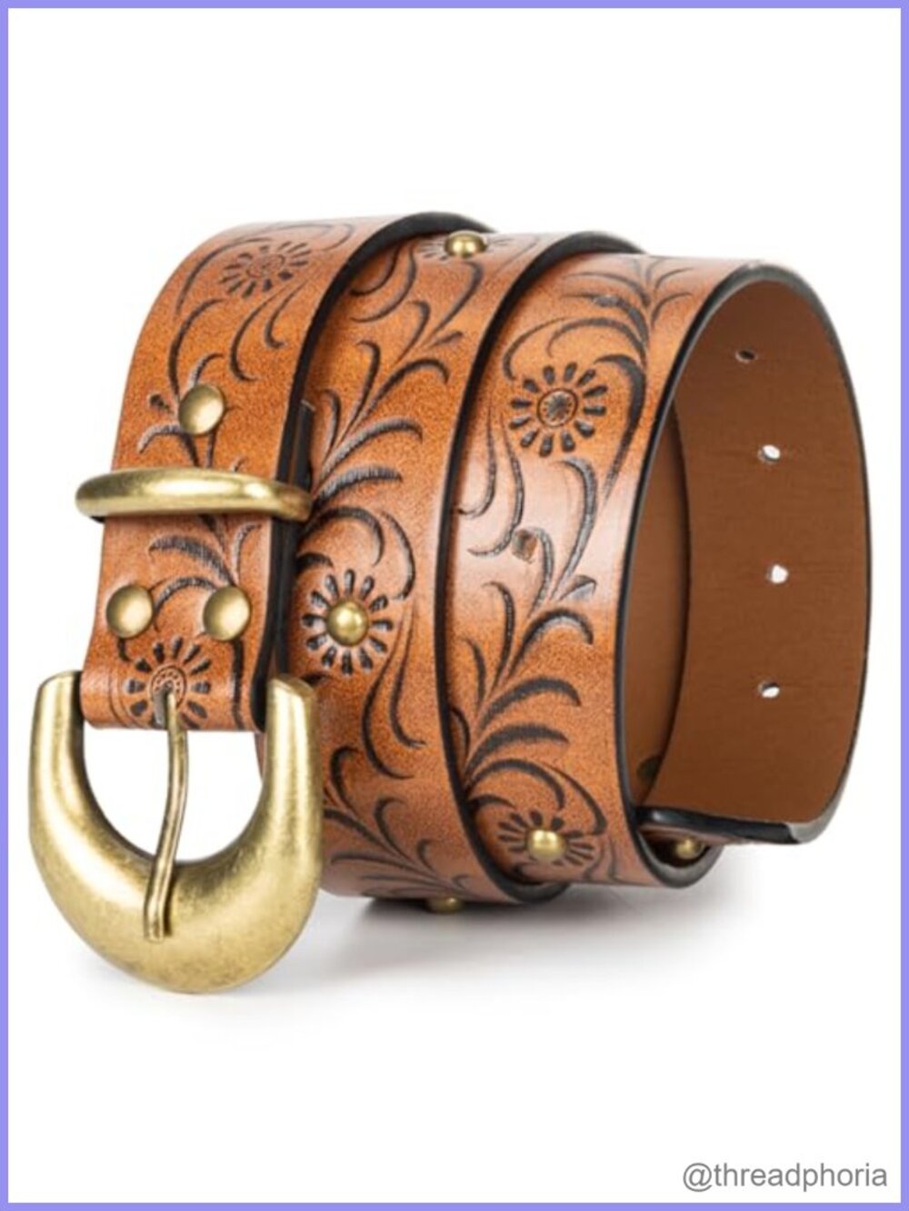 Western Floral Embossed PU Leather Belt Adjustable Waist Belt for Jeans